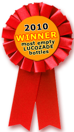 Red rosette with the words Winner most empty lucozade bottles